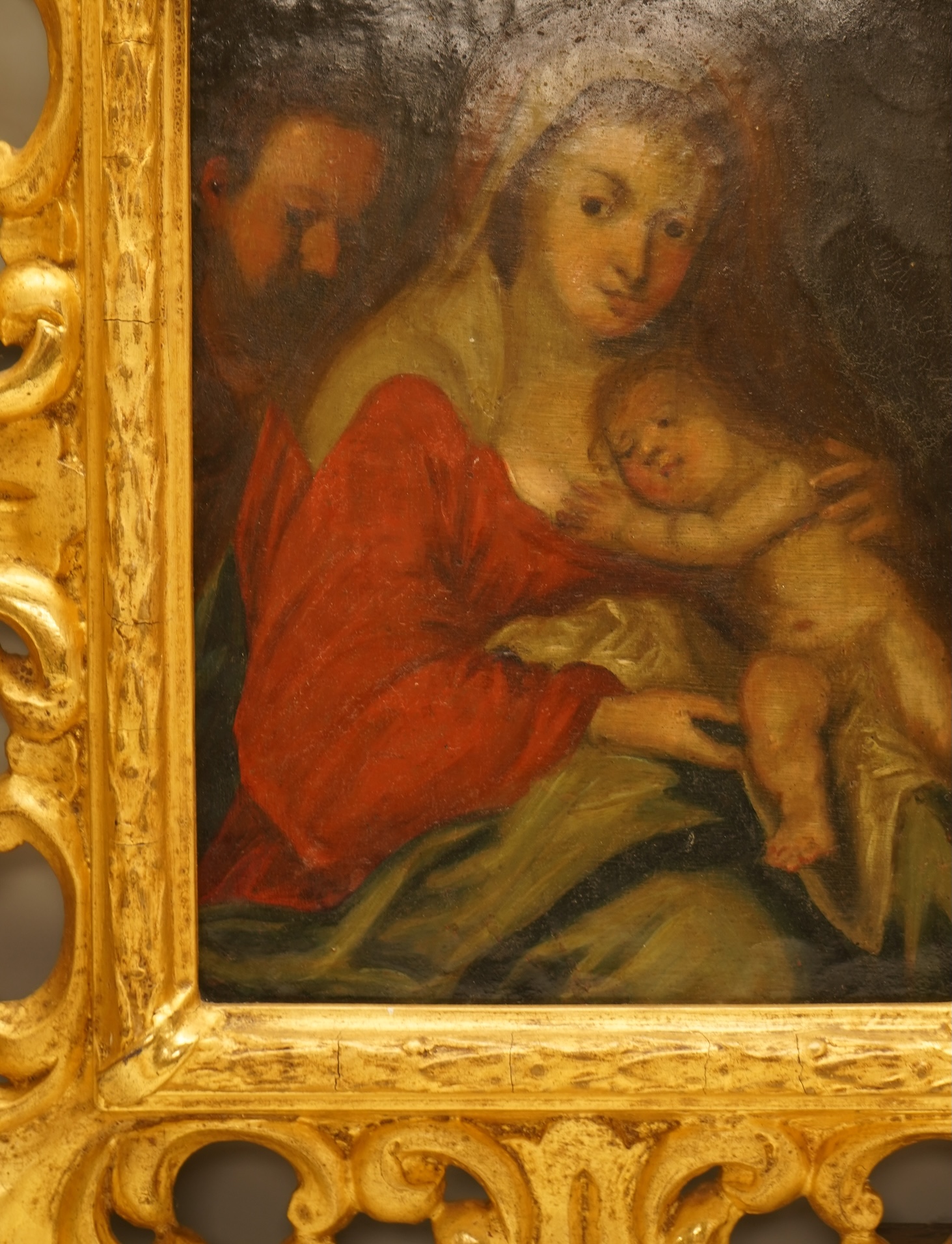 After Caravaggio (Italian, 1571- 1610), ‘The Holy Family’, Old Master style oil on copper panel, with ink inscription verso reading 'From the collection of the late Sir William Drummond Stewart, Murthly Castle’, 20 x 14.